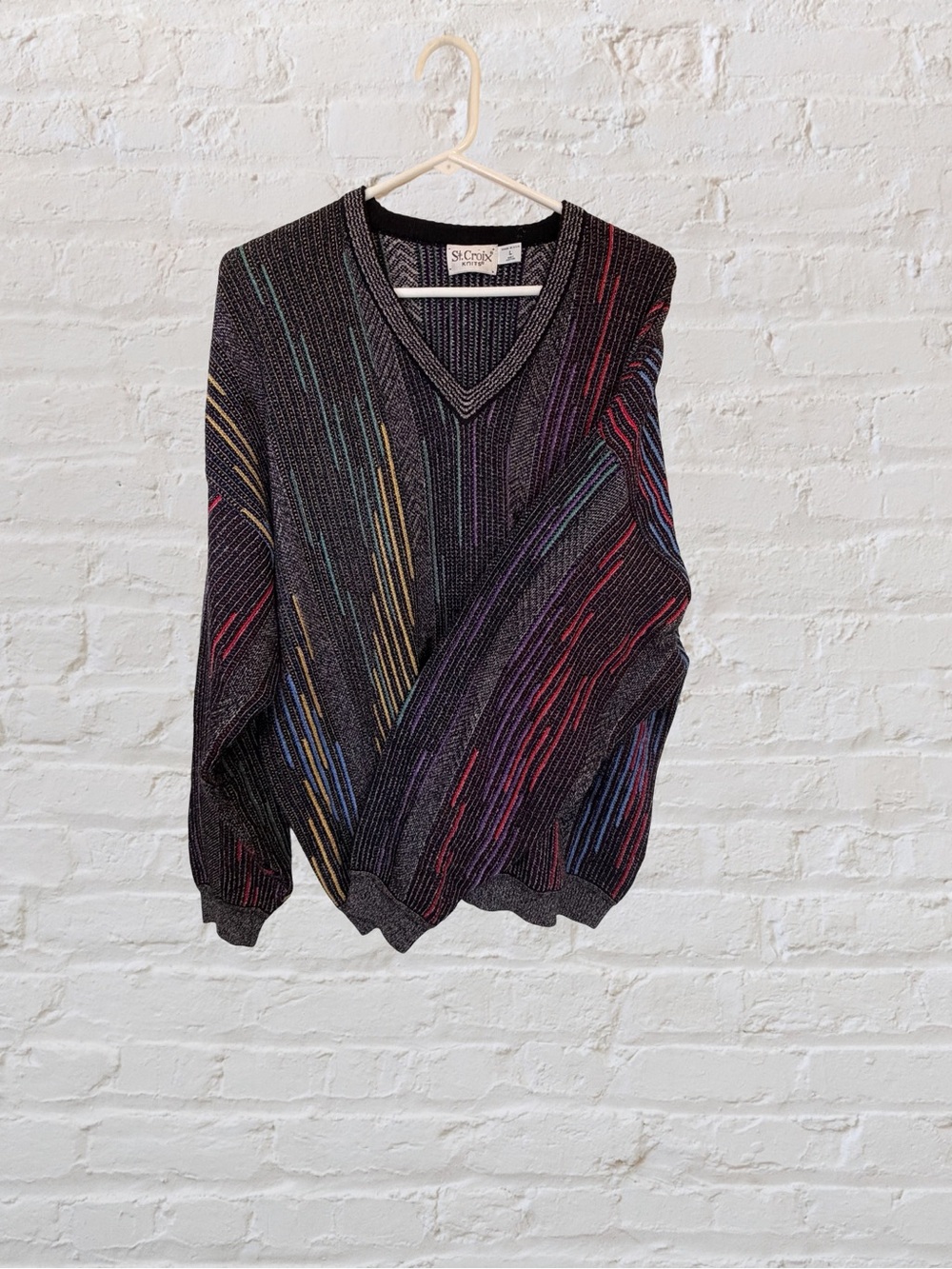 St. Croix Knits Vintage 90s Multicolor Stripe V-Neck Grandpa Sweater USA Large - Picture 3 of 6